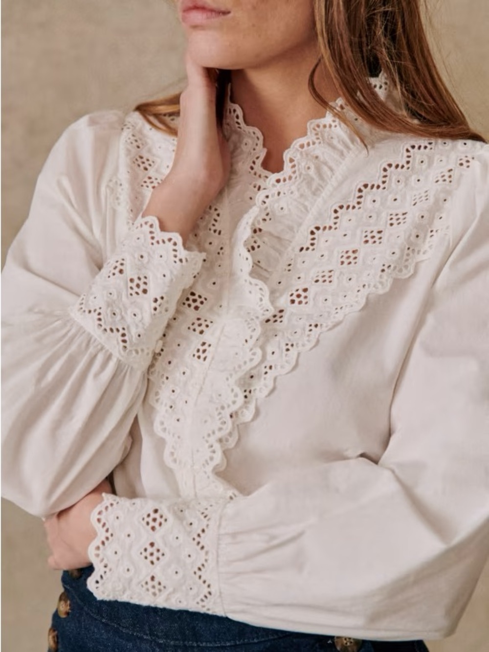 Sezane Cassalia Cream Eyelet Lace V-Neck Blouse 10 52